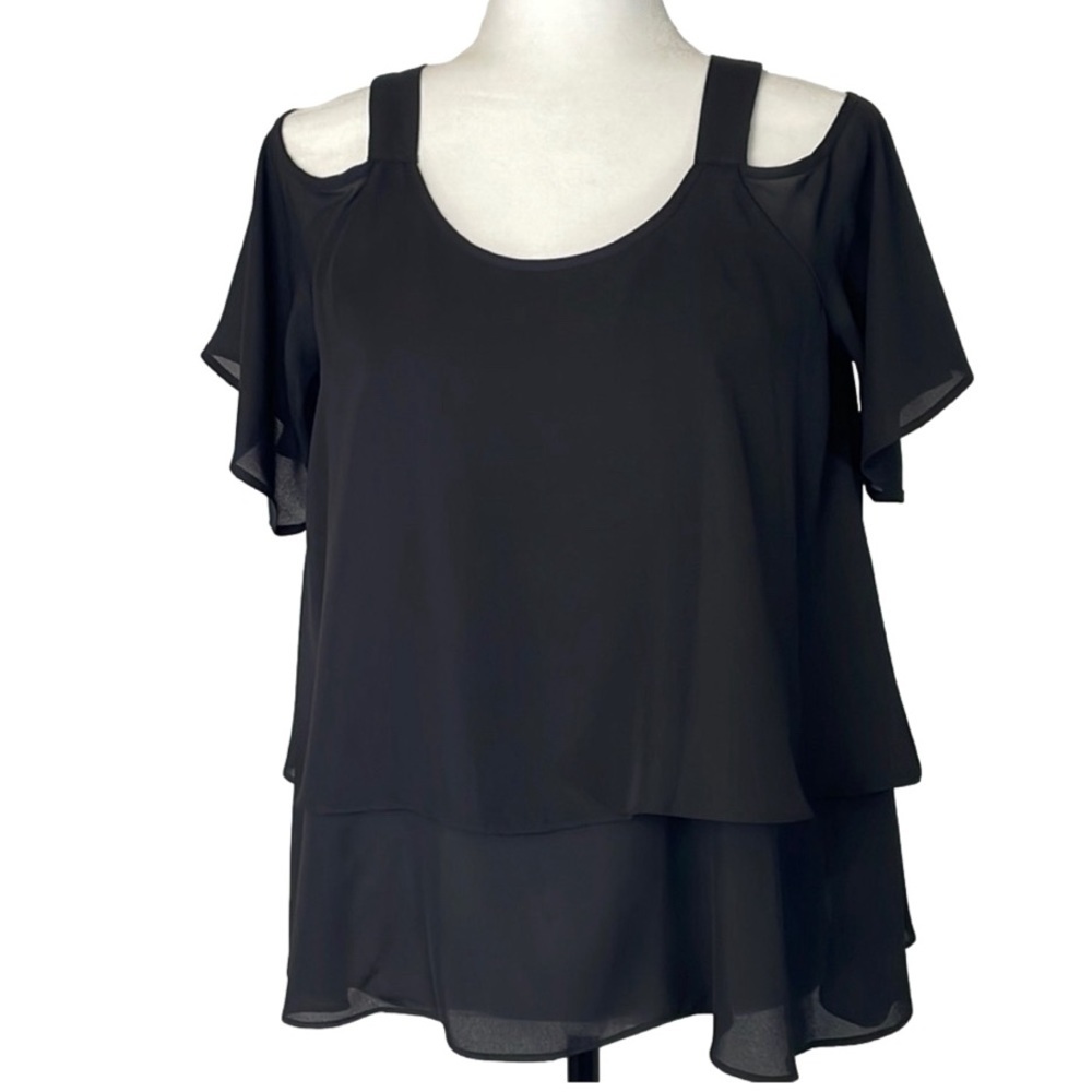DR2 Black Ruffled Open Shoulder Top Size Small